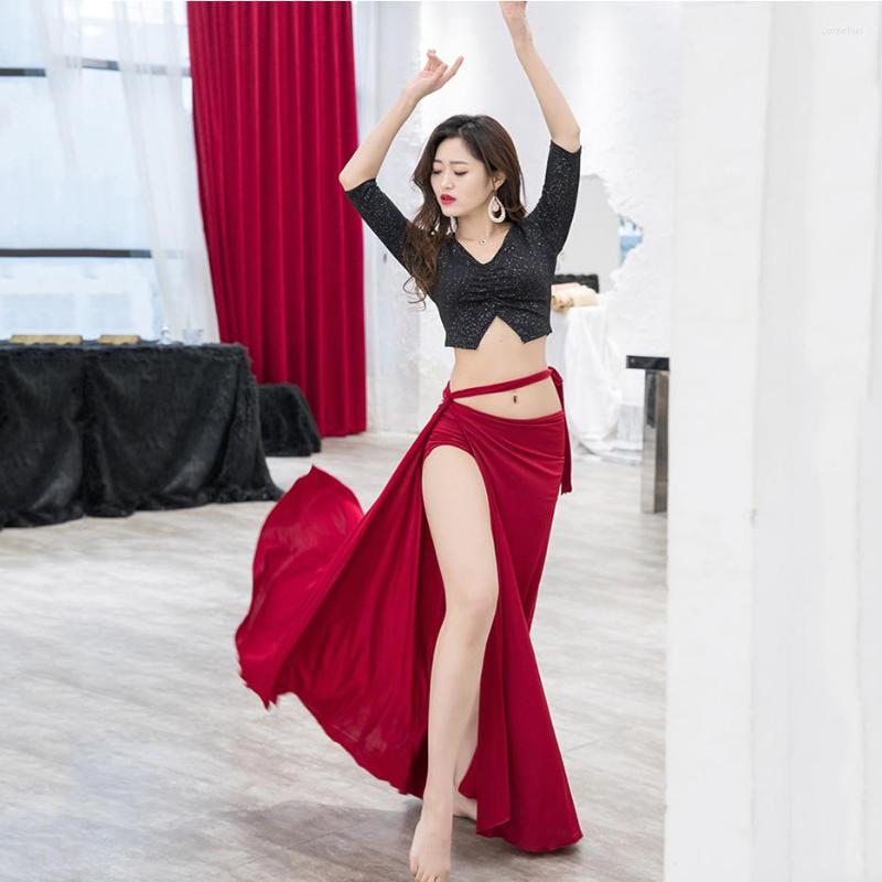 

Stage Wear Belly Dance Clothing Female Adult Elegant Top Practice Profession Sexy Competition Long Skirt Suit, Black