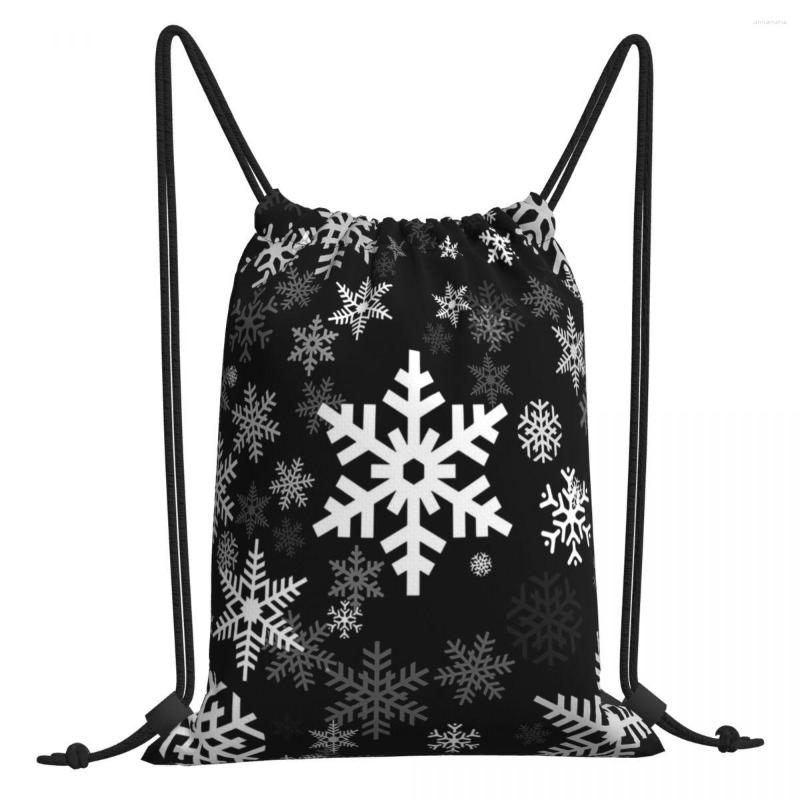 

Shopping Bags Snowflakes Pattern In Black Happy Year Portable Sports Drawstring Riding Backpack Gym Shoes Storage Backpacks, White