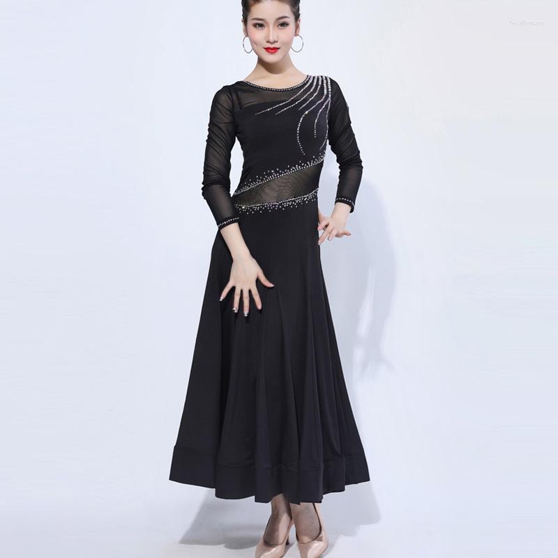 

Stage Wear Standard Women Ballroom Dance Competition Dresses Sexy Long-Sleeved Mesh Rhinestone Dress Waltz Tango Big Swing Skirt DL5531, Black