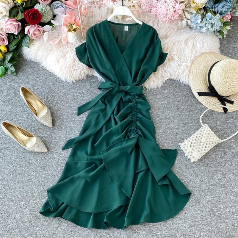 

Casual Dresses Black/yellow V Neck Bandage Long Woman Party Night 2023 Summer Irregular Folds Vintage Midi High Waist Vestido Elegant, Navy blue