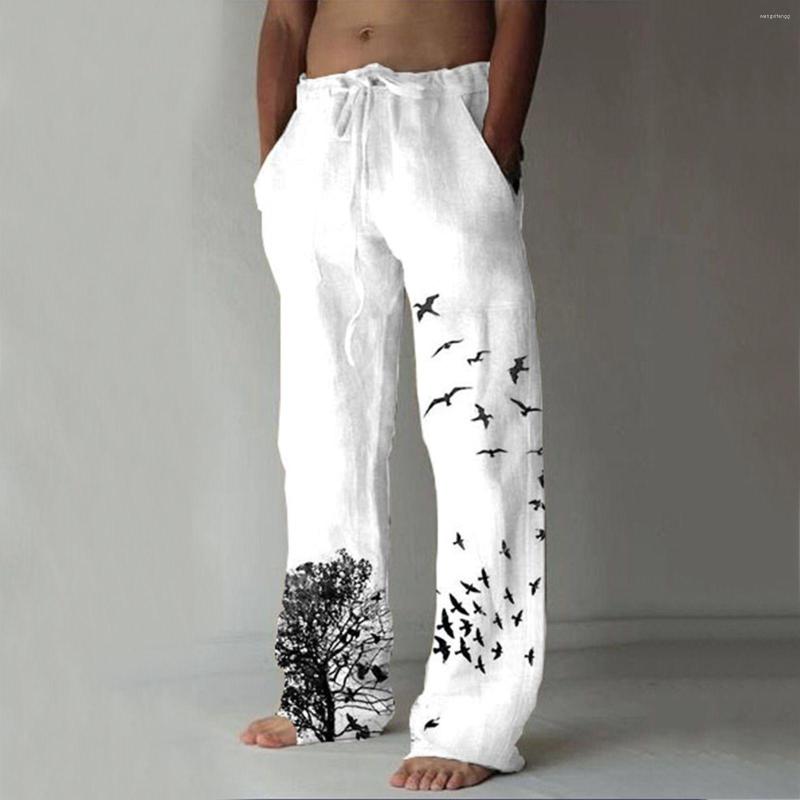 

Men's Pants Spring Men Cotton Linen Oversized Jogger Sweatpants Casual Flower Print Plus Size 3Xl Loose Wide Leg Trousers, Green