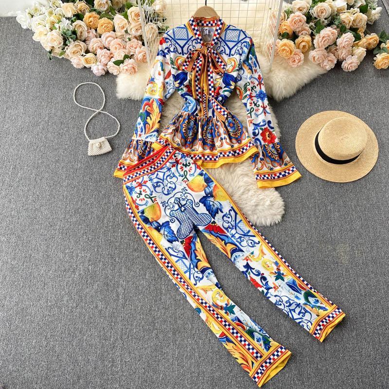

Down jacket Runway Fashion Elegant Vintage Print Pant Suit Ruffle Blouse Shirt Top And Long Pants Two Piece Set Women Sets Women's Uuoe, Blue