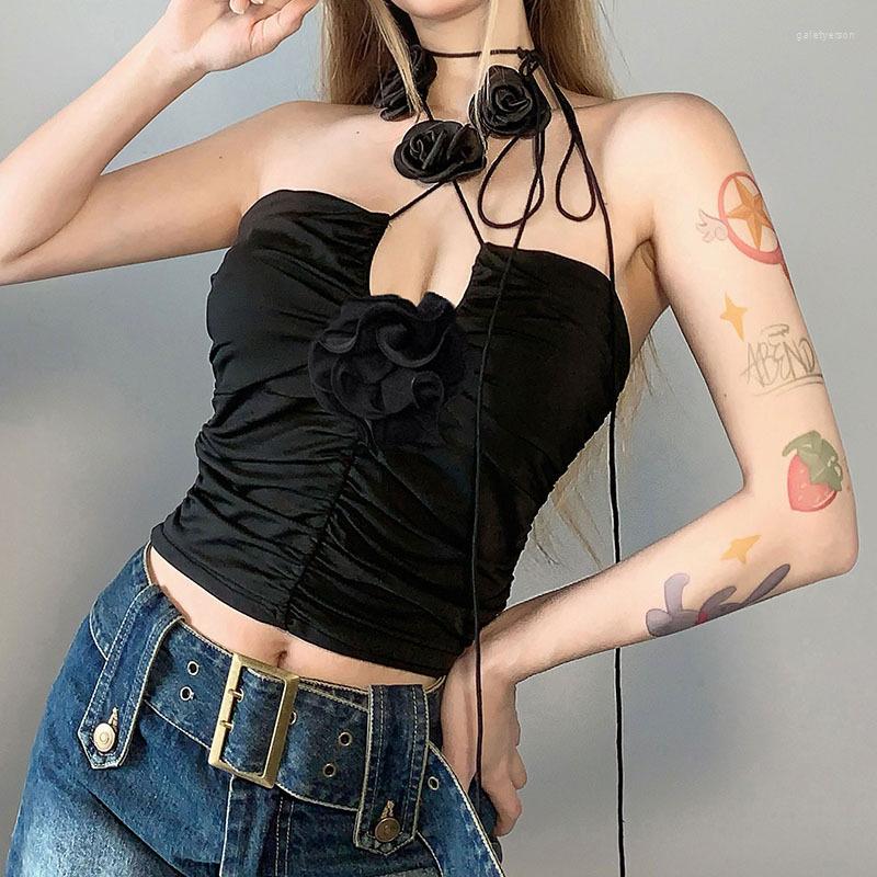 

Women' Tanks European Style Female Vest 2023 Summer Lace Up Sexy Slim Halter Neck Rose Flower Folds Tube Top Women Clothing Streetwear, Black