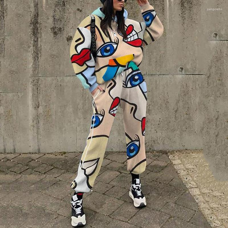 

Women's Two Piece Pants Women Casual Loose Sportswear Sets Fashion O-neck Pullover Tops And Sport Outfits Retro Pattern Print Tracksuit 2Pc, 07