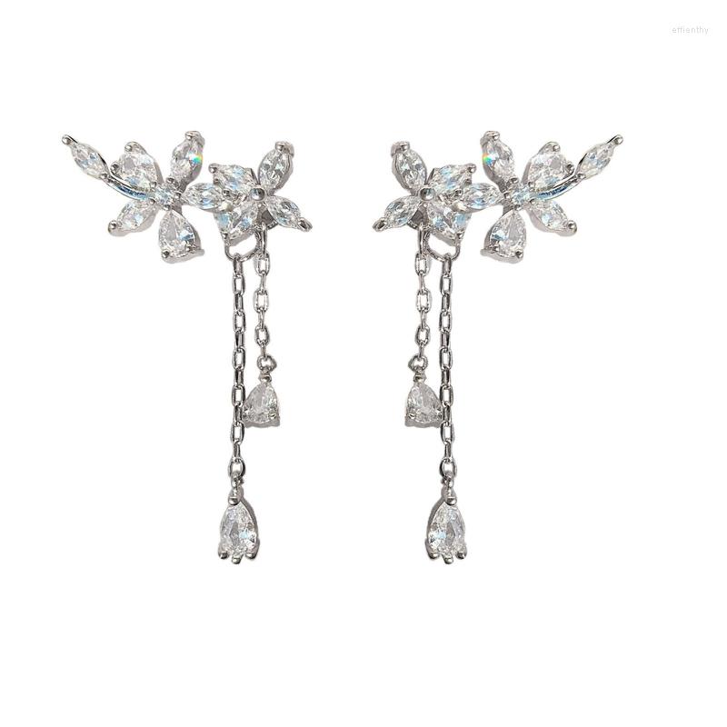 

Stud Earrings Water Drop Long Chain Pendant Zircon Flower Elegant Bridal Fashion Women Jewelry