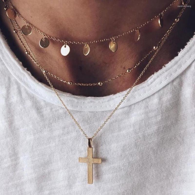 

Pendant Necklaces Boho Vintage For Women Gold Color Round Sequin Cross Necklace Multilayer Female Jewelry Valentine Gift
