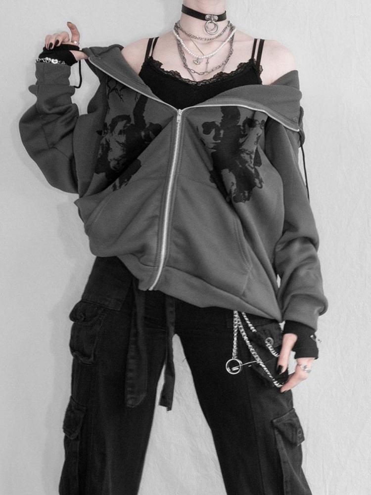 

Women' Jackets Women Hip Hop Streetwear Hoodies Goth Angel Dark Print Zipper Jacket Coat Harajuku Y2K Hooded Top Clothes Men Punk Outwear, Grey