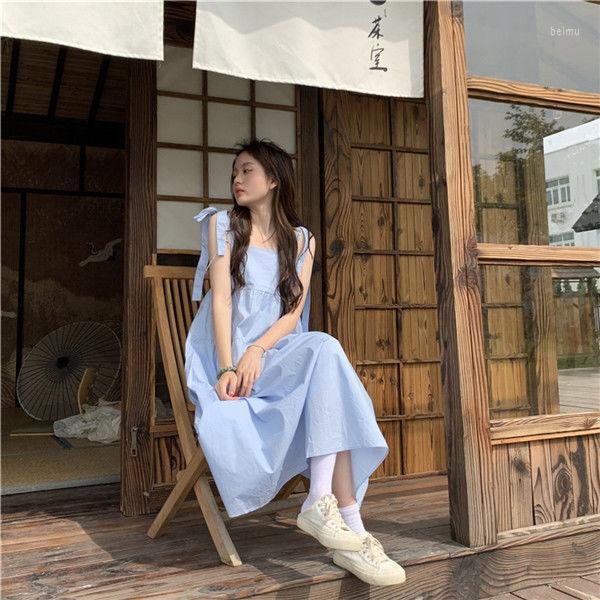 

Casual Dresses Sleeveless Dress Women Pure Color Maxi Bandage Preppy Sweet Simple Loose-waist College Leisure Korean Style Fashion Summer, Blue