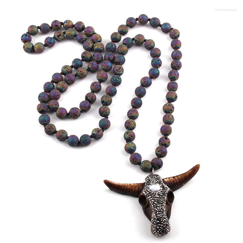 

Pendant Necklaces MOODPC Fashion Bohemian Tribal Jewelry Multi Lava Stones Long Knotted Handmade Paved Bull Head Necklace For Women