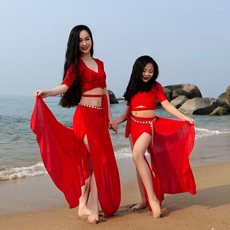 

Stage Wear Belly Dance Sexy V-neck Shirt 2023 V-nchiffon Petal Silk Split Skirt Women/parent-child Competition Costume, Light green