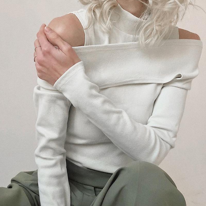 

Women' T Shirts Ladies Knitted Sweater Long Sleeve Sexy Off-The-Shoulder High Neck Turtleneck Hollow Early Autumn, Green