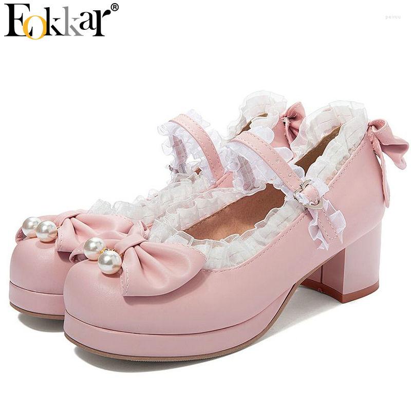 

Dress Shoes Eokkar 2023 Women Block Heel Mary Jane Lolita Cosplay Rockabilly Pumps With Bow Lace For Ladies Size 34-45, Beige