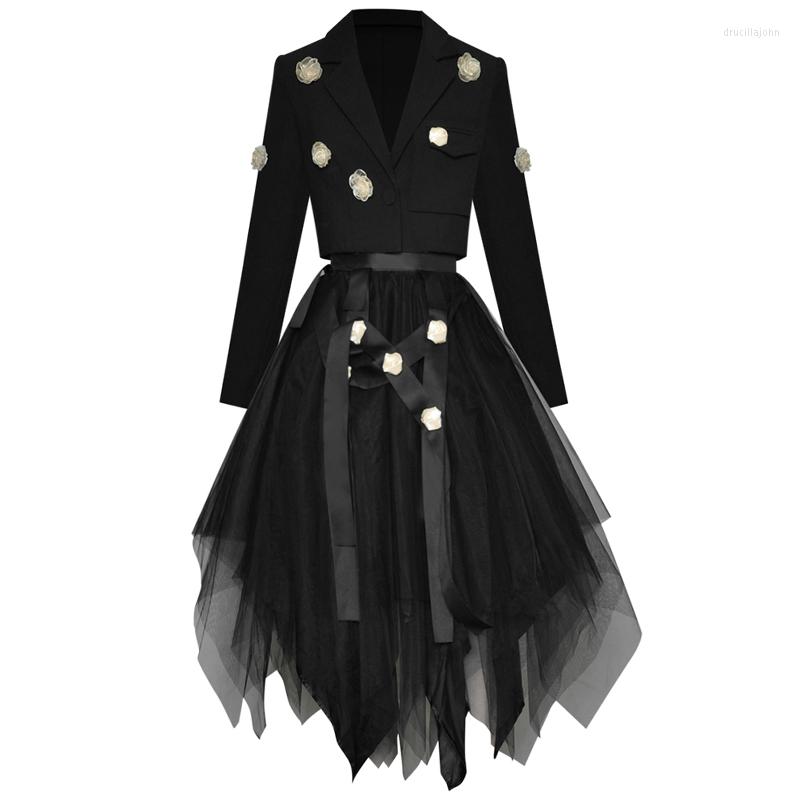 

Work Dresses Runway High Quality Autumn Casual Party Workplace Black Suit Irregular Half Skirt Vintage Elegant Chic Two Piece Women