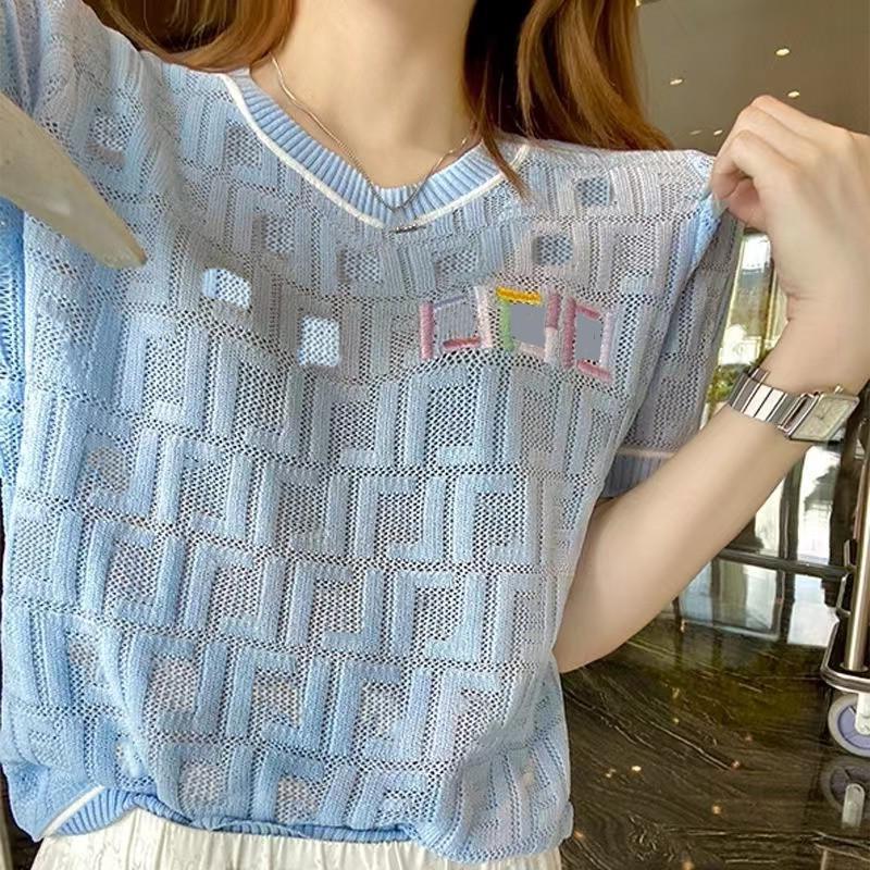 

T Shirts High Quality Designer Blue Hollow Out Knit Tee Fashion Full Letter F Summer Women' T-Shirt Short Sleeve Tees Geubv