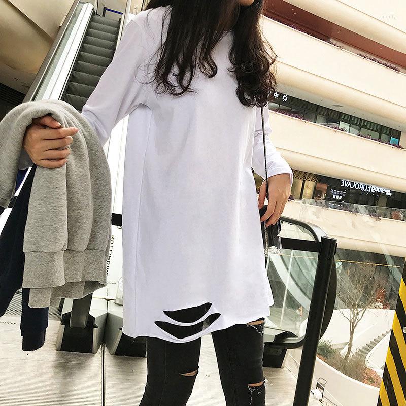 

Women's T Shirts Spring And Autumn Fashion Mid-Length White Hem Long-Sleeved T-shirt Women's Bottoming Shirt Tops Girl O-Neck Tees