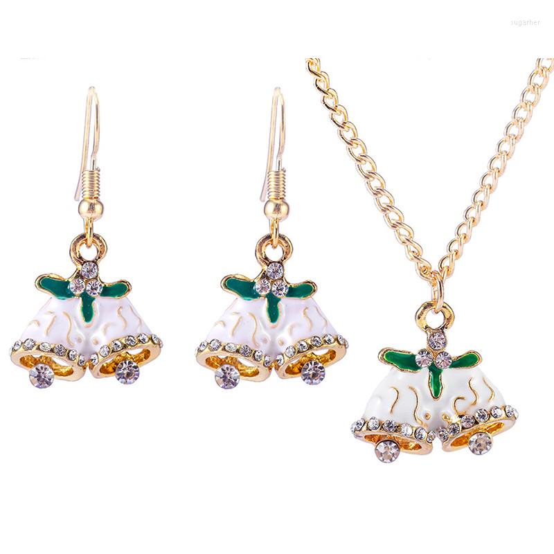 

Necklace Earrings Set Christmas Crystal White Bell Drop Earring Women Green Leaf Rhinestone Gold Hook Chic Gifts, Picture shown