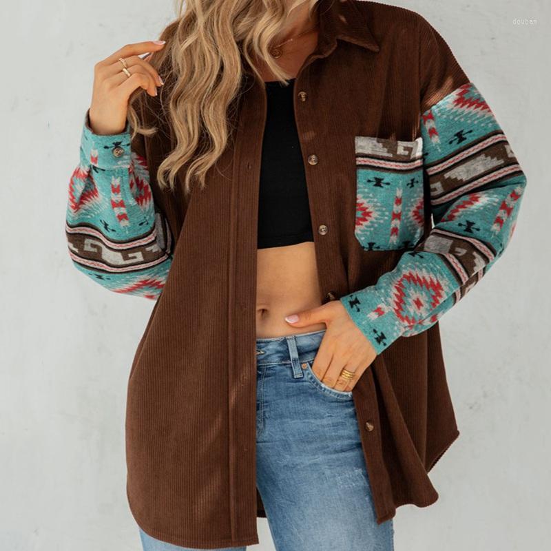 

Women' Jackets Jacket Coat Women Fashion Retro Ethnic Style Geometric Print Loose Corduroy Autumn Winter Long Sleeve Casual Shrit, Khaki