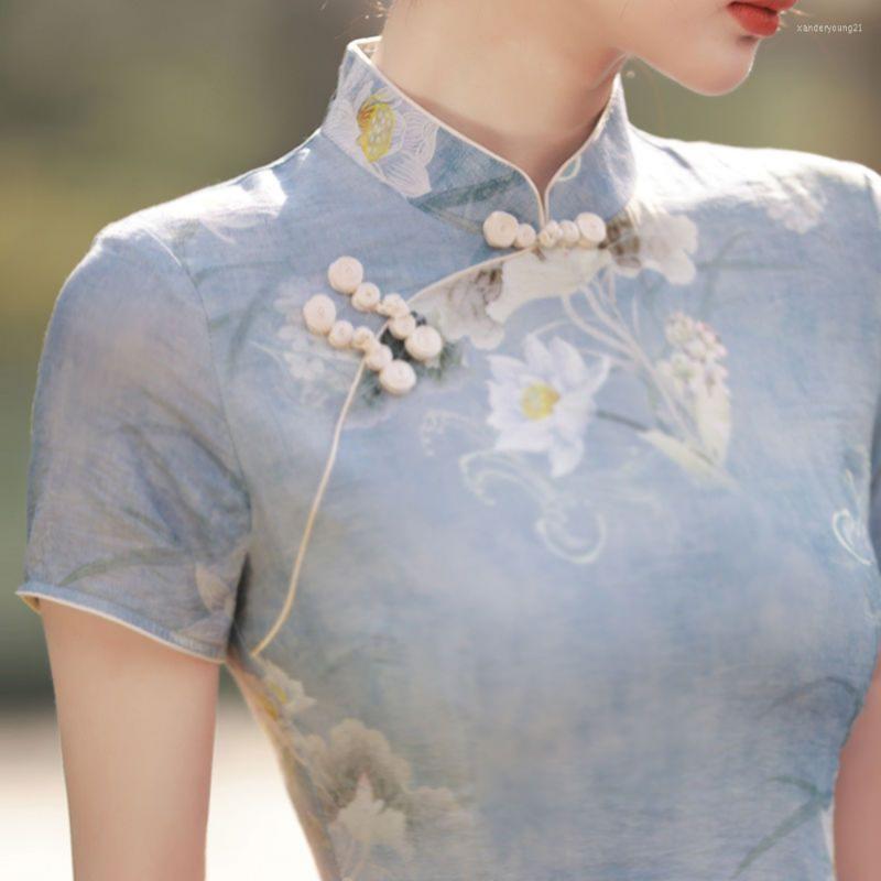 

Ethnic Clothing Light Blue Floral Vintage Women Modern Traditional Chinese Dress Cheongsam Casual Qipao Woman