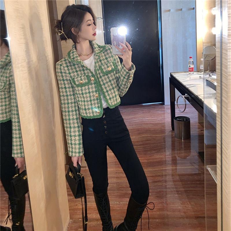 

Women' Jackets Arrival Korean Chic Retro Spring Turn-down Collar Houndstooth Tweed Jacket Long Sleeve Sweet Coat Crop Tops Outerwear E322