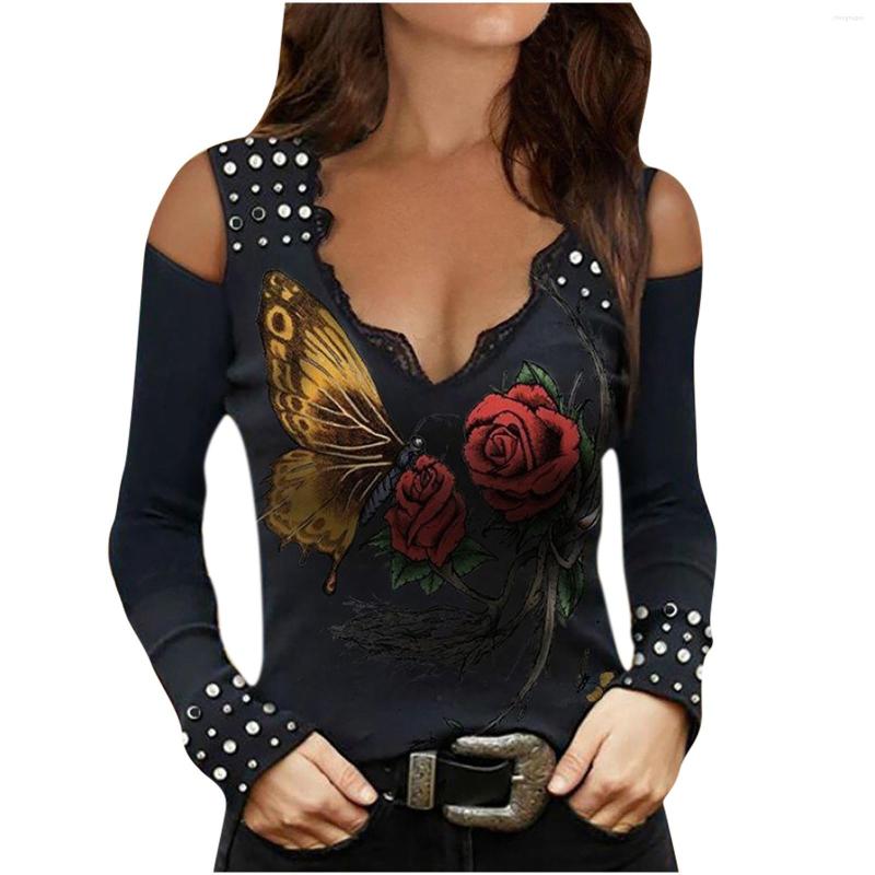 

Women' T Shirts Women' Spring & Autumn Off-the-shoulder V-neck Long-sleeved Skull Print Gradient T-shirt Bottoming Slim Casual