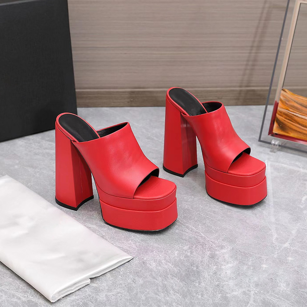 

Runway platform slippers super high-heeled sandals Thick high heel mules leather high heels slip-on open toe women Luxury designers shoes evening factory footwear, Red