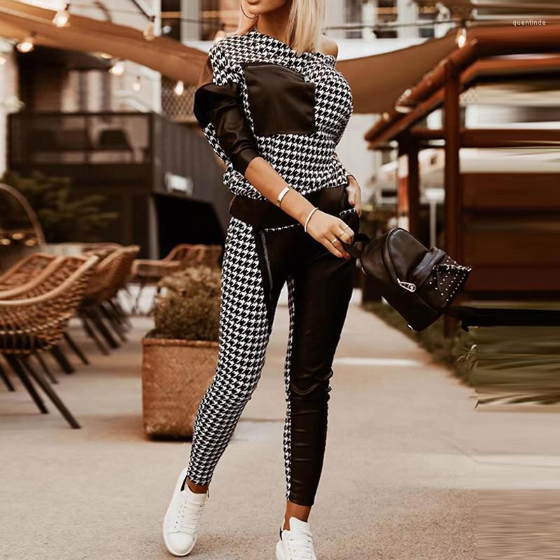 

Women' Tracksuits Elegant Off Shoulder Blouse And Long Pants Outfits Casual Sleeve Tracksuit Slim Two Piece Set Retro Houndstooth Print, 01 black