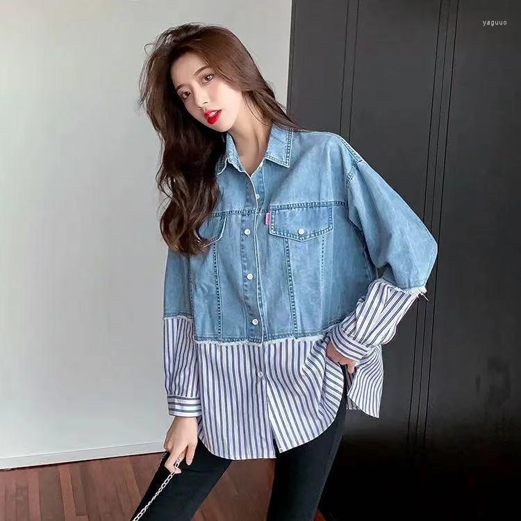 

Women's Blouses Fake Two-piece Korean Blusas Fashion Denim Patchwork Long Sleeve Women's Shirt Spring Casual Loose Style Striped, Black stripes