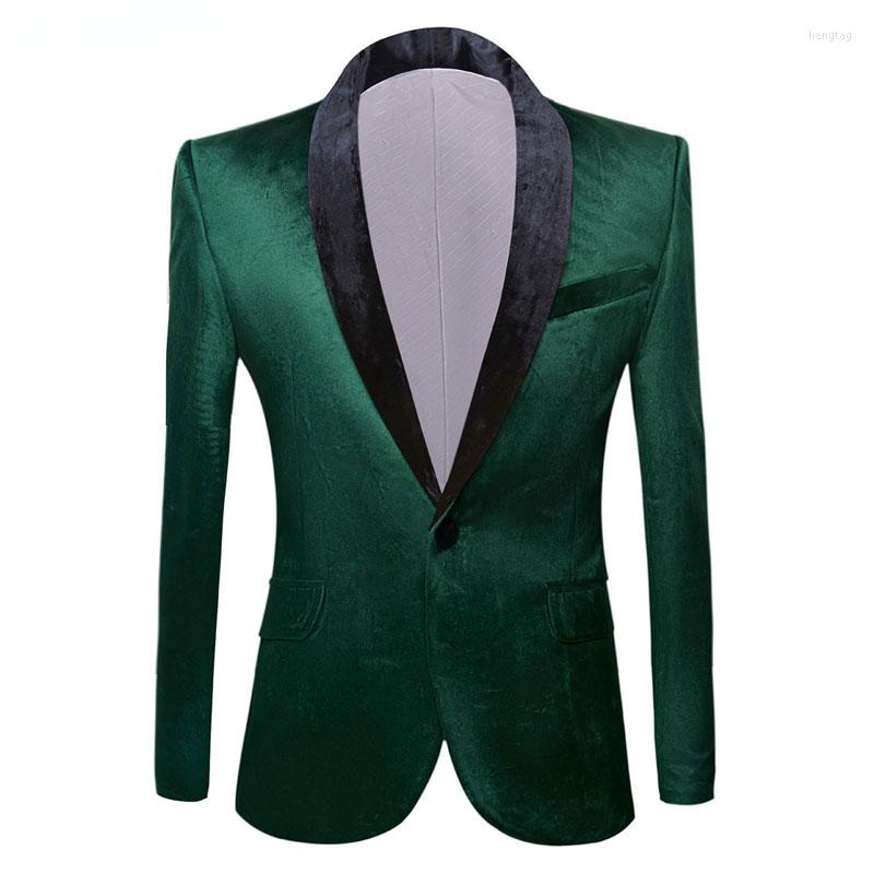 

Men's Suits Mens Green Fashion Velvet Suit Jacket Slim Fit Shawl Collar One Button Blazers Wedding Dinner Party Costume Homme