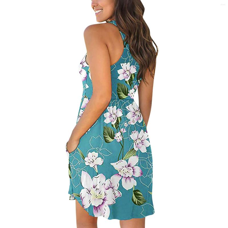 

Casual Dresses Women Flowers Printing Summer Sleeveless Tank Dress With Pockets O Neck For Beach Silk, Blue