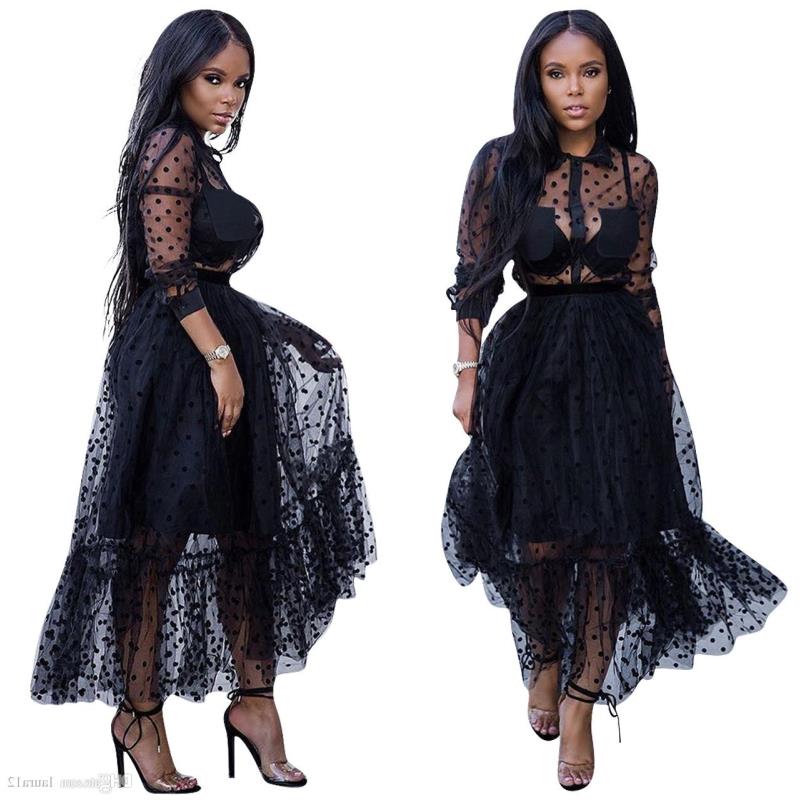 

Casual Dresses Black Polk Dot Mesh Charming Women Party Dresses Sexy Turn Down Neck Long Sleeves See Through A line Nightclub Casual Dr Fepu