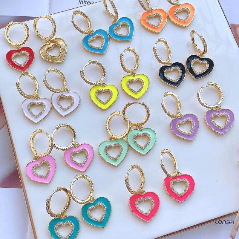 

Hoop Earrings 5Pairs Fashion Enamel CZ Pave With Colorful Heart Dangle Charm Plated Copper For Women Geometric Huggie