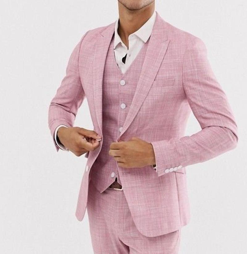 

Men's Suits Pink Linen Summer Wedding For Men Slim Fit Fashion Bridegroom Tuxedos Custom 3-Piece Jacket Pants Vest Terno Masculino, Beige