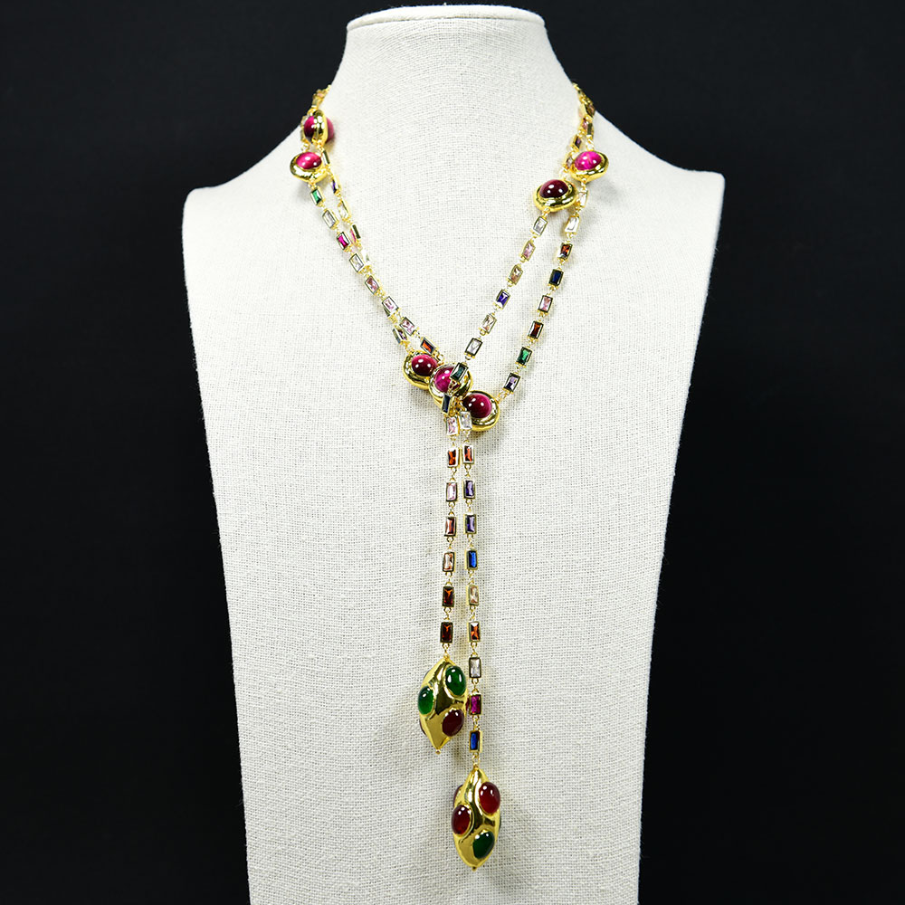 

52'' Fuchsia Tiger Eye Green Red Agate Yellow Gold Plated Cz Pave Long Chain Party Sweater Chain Necklace For Women