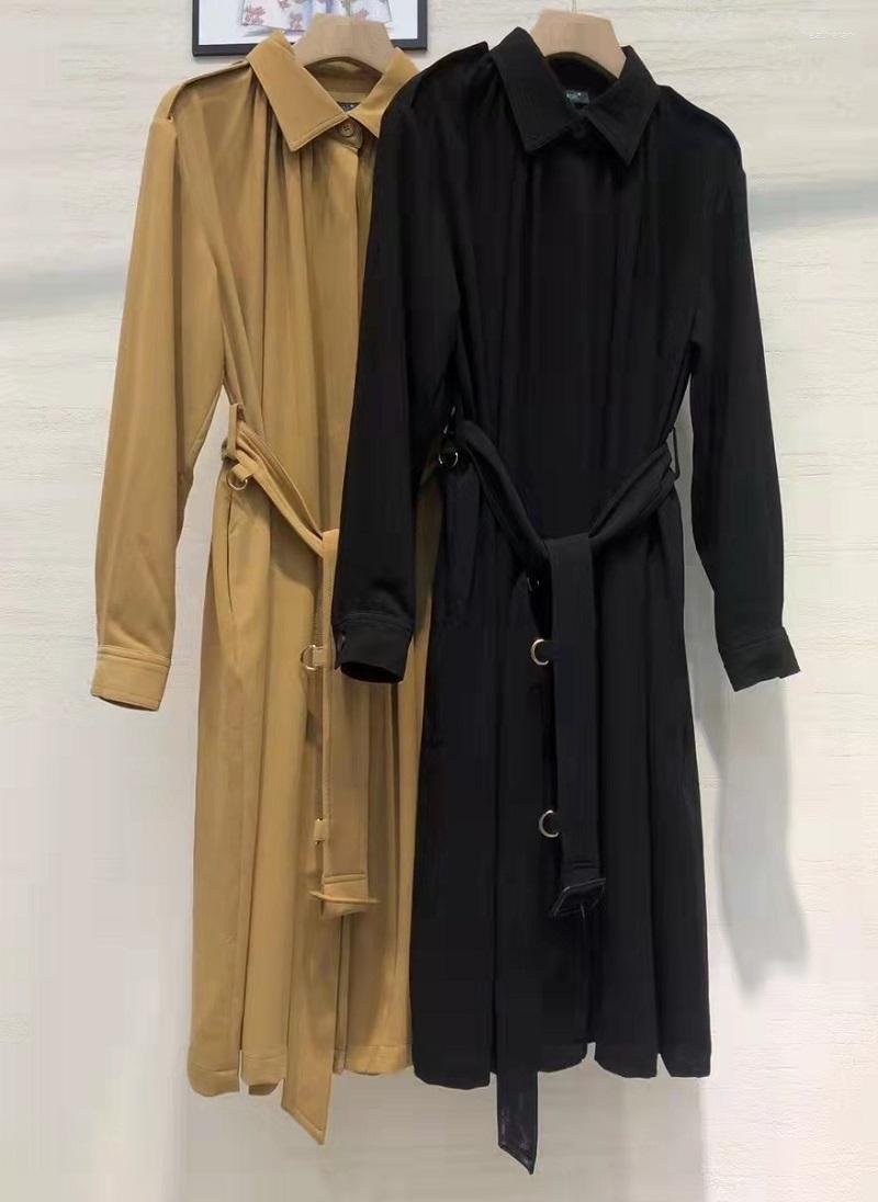

Casual Dresses Top Quality 2023 Autumn Winter Dress Women Turn-down Collar Belt Deco Long Sleeve Khaki Black Elegant Work OL