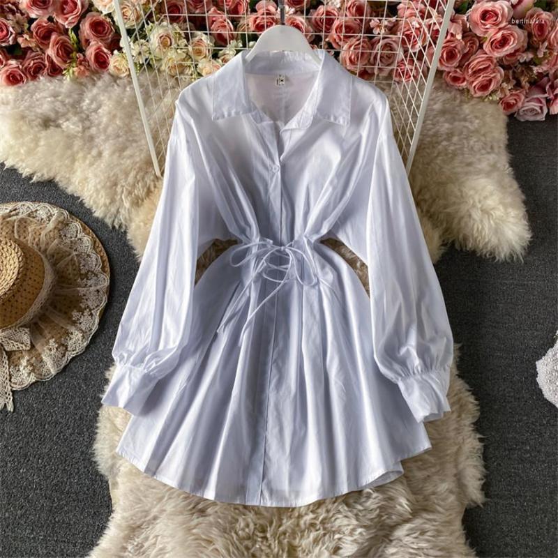

Casual Dresses 2023 Spring Autumn White Shirt Dress Women Long Sleeve Lace Up Waist Mini High Street Fashion Boyfriend, Black