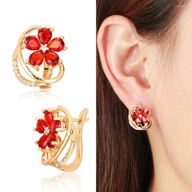 

Hoop Earrings Five Petal Flower Pave Pear Red CZ Zircon Small For Women Girls Yellow Gold Color Jewelry Aros Aretes Kolczyki