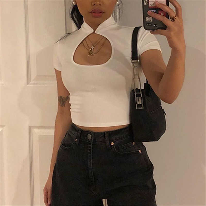 

Women's T-Shirt Chinese Cheongsam Collar Cutout Slim Crop Tops Women Summer Chic Short Sleeve Classy Simple White Green TShirts Z0301