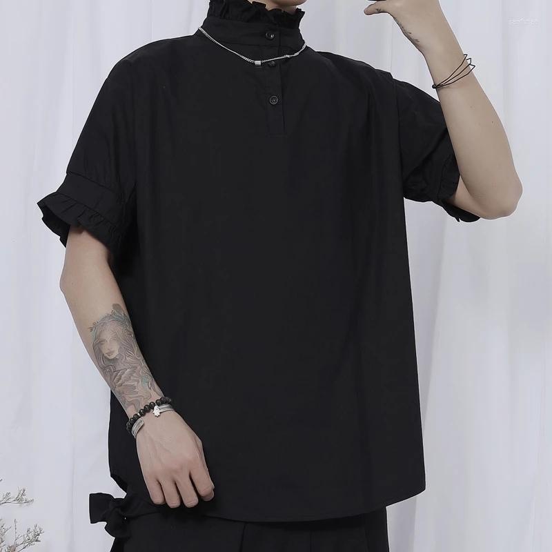 

Men's Casual Shirts Men's Short Sleeve Loose Pullover Shirt Summer Cuffs Large Fashion Trend Dark Wrinkled Collar Stand Up, Black