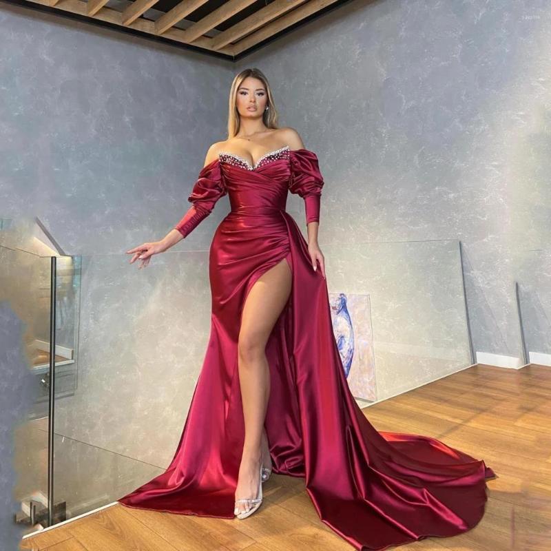 

Party Dresses Elegant Satin Mermaid Evening Long Sleeves Off The Shoulder High Split Women Prom Pageant Gowns Custom Made, Khaki