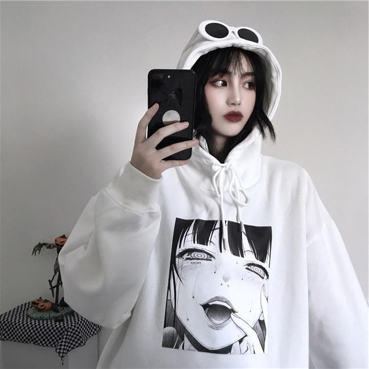 

Women's Hoodies & Sweatshirts 2023 Autumn Winter Anime Hoodie Plus Velvet Thickened Dark Pullover Korean Students High Street Printing, Black