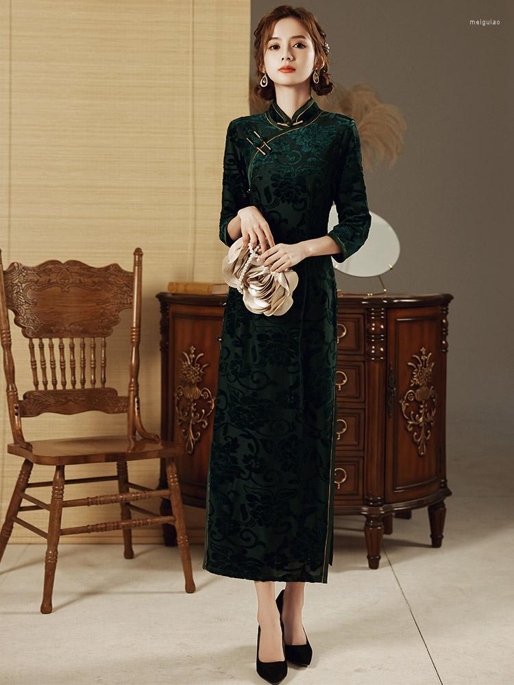 

Ethnic Clothing Black Long Qipao Oriental Dress Velvet Retro Cheongsam Chinese Traditional High End Customization Party Banquet Evening