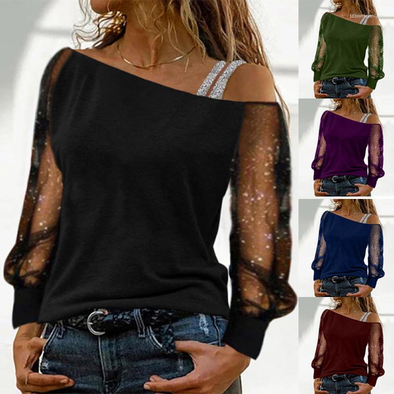 

Women' T Shirts Summer Fashion Women T-shirts Long Sleeve Solid Colour Sexy Off Shoulder Tops Casual Mesh Streetwear, Black