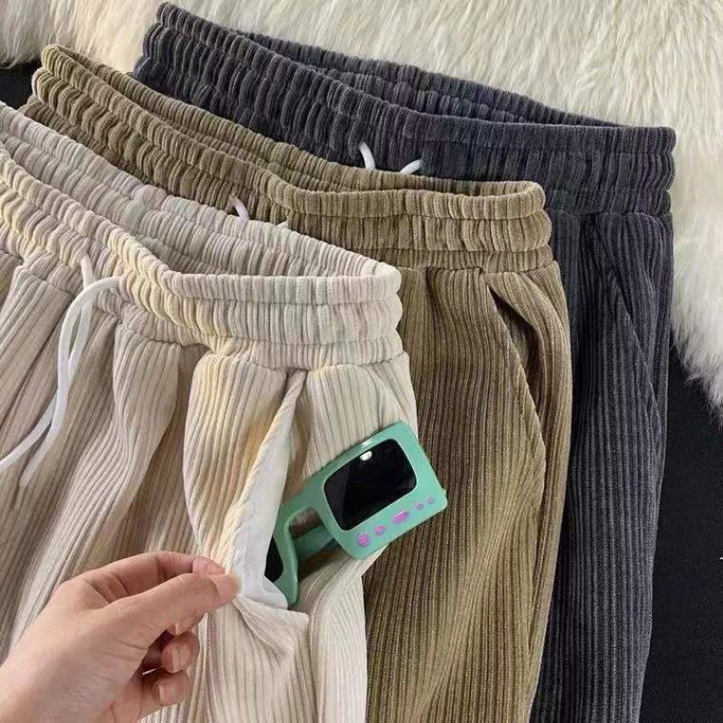 

Korean Solid Color Men Women Corduroy Pants Elastic Pants Harajuku Wide Chenille trousers, Khaki