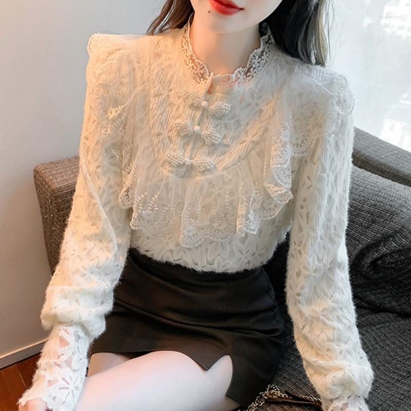 

Women' Blouses 2023 Korean Vintage Beading Lace Long Sleeve Female Shirt Elegant Ruffles Patchwork Casual Women' Shirts Tops Ropa, Photo color