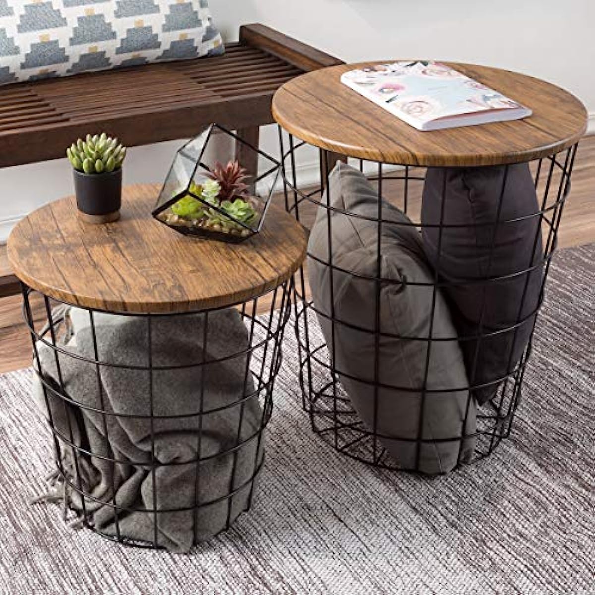 

Lavish Home End Storage Nesting Wire Basket Base and Wood Tops Industrial Farmhouse Style Side Table Set of 2 Brown