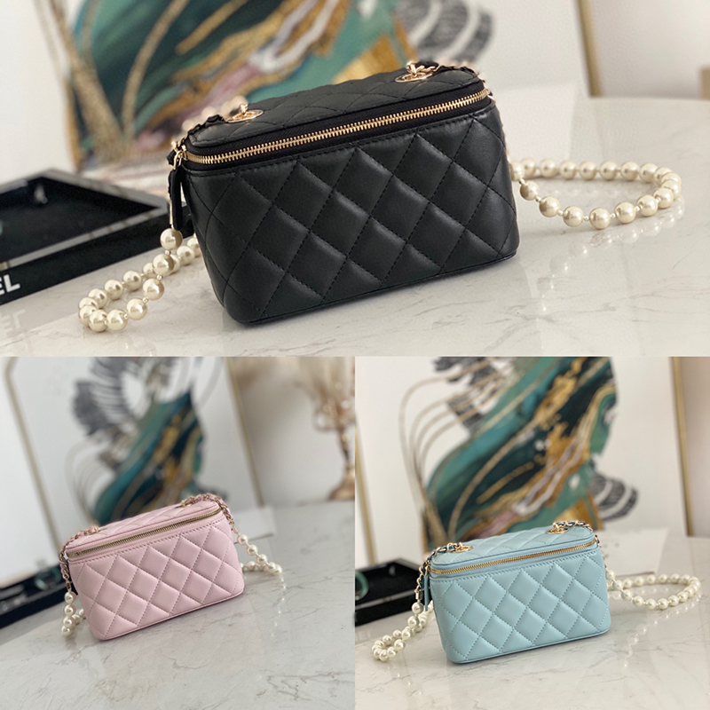 

10A Original quality woman Pearl chain cosmetic bag 17cm genuine leather shoulder bag designer bags With box C154