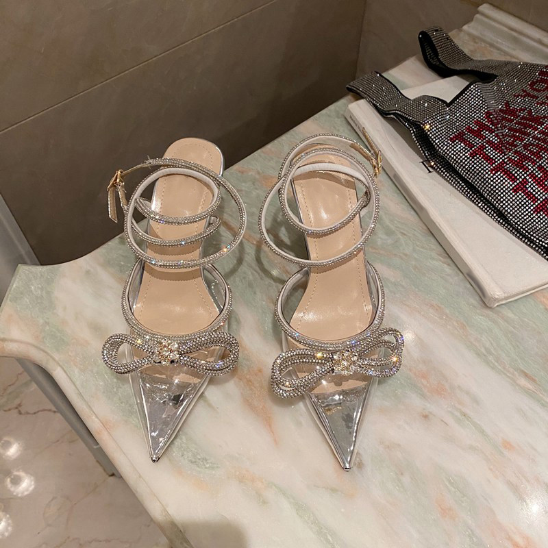 

Spring/summer 2023 new women's shoes fashion pointed bow rhinestone high-heeled shoes strap stiletto French., 9.5cm-white