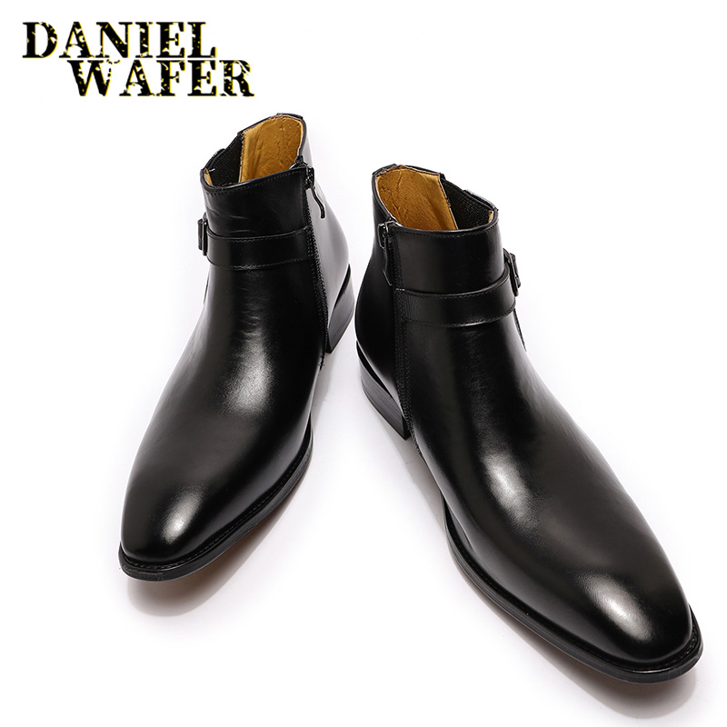 

Luxury Men Ankle Boots Leather Shoes Black Blue High Grade Zipper Buckle Strap Chelsea Boot Office Wedding Dress Boots for Men