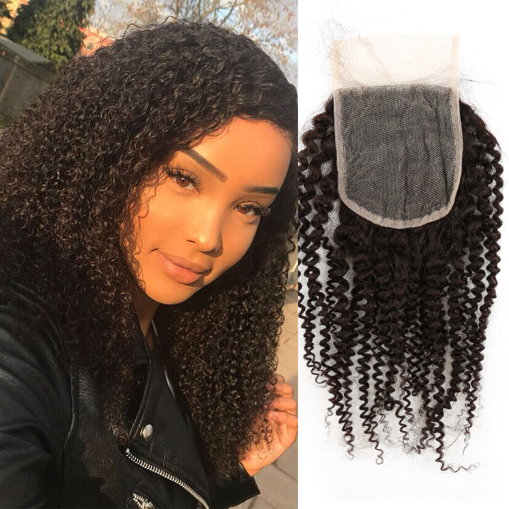 

100% Human Hair Lace Closure Afro Kinky Curly Top Lace Closure 4X4 Top Closures Piece with Baby Hair Free Part Bleached Knots