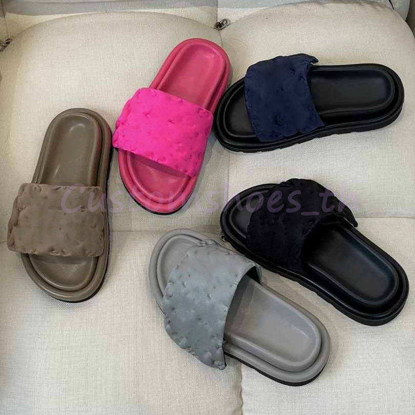 

Women Slippers Pool Pillow Slipper Flat Men Sandals Nylon Down Strap Comfort Mules Sunset Padded Rubber Platform Sandals Leather Slide Sandal With Box, 19